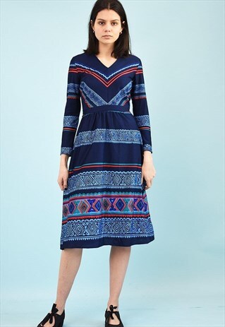 VINTAGE 70'S RETRO ETHNIC PRINT MIDI DRESS