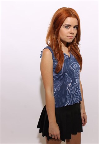 VINTAGE 1990'S 90'S BLUE SWIRL PRINT MESH STRETCH TOP M-L