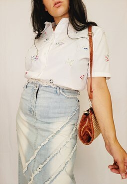 90s retro white embroidered minimalist short sleeve shirt