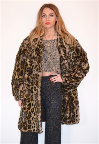 VINTAGE 90S OVERSIZED LEOPARD PRINT FAUX FUR COAT