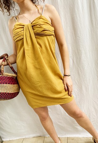 VINTAGE 90S MUSTARD DRAPED HAUTE BOHEME HALTER MINI DRESS