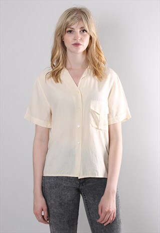 VINTAGE 80S CREAM OPEN NECK SHIRT BLOUSE TOP