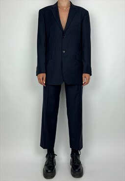  Balmain Vintage Suit Pinstripe Blazer Trousers Blue Co Ord