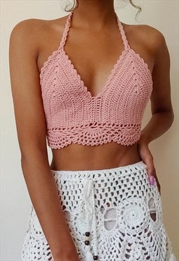 Elvinia Blush Pink Crochet partywear tie back crop top 