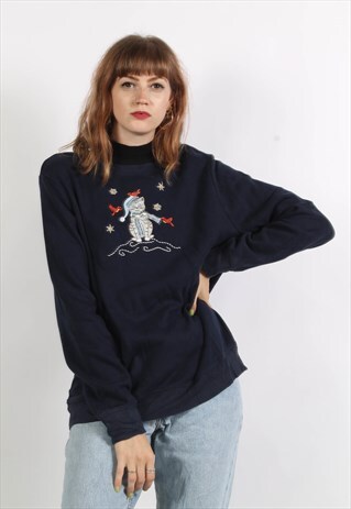 VINTAGE 90'S OVERSIZE CAT GRAPHIC PRINT SWEATSHIRT BLUE