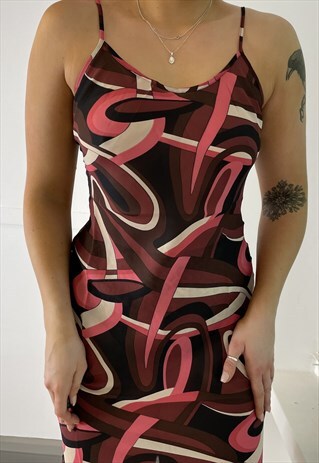 VINTAGE 90S Y2K STRAPPY SHEER SWIRL PSYCHEDELIC SLIP DRESS