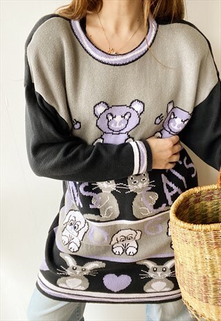 VINTAGE 80S CATLADY OVERSIZED LONGLINE NOVELTY KNIT JUMPER