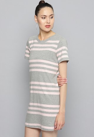 STRIPES HALF SLEEVES T-SHIRT DRESS IN PINK AND GREY