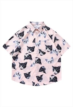 Kitten print shirt short sleeve kidcore blouse grunge top