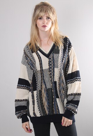 VINTAGE 80S COOGI STYLE STRIPE PATTERNED OVERSIZE JUMPER
