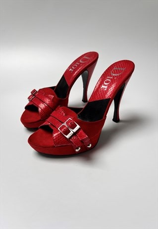 Christian Dior Platform Heels Mules Red Snakeskin 