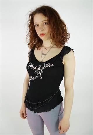 VINTAGE 90S BLACK FLORAL MESH FLOATY TOP
