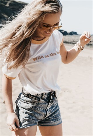 'WILD AS THE SEA' WOMENS ORGANIC RETRO SLOGAN RINGER T-SHIRT