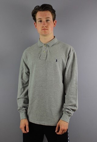 VINTAGE POLO RALPH LAUREN LONGSLEEVE POLO SHIRT IN GREY WITH