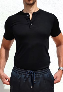 Linen men's muscle fit short sleeve black henley shirt