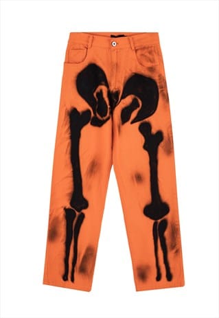 Skeleton print jeans graffiti bones denim overalls in orange | Now