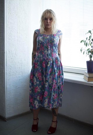 VINTAGE 90'S MULTI COLOUR FLOWER PATTERNED MIDI DRESS