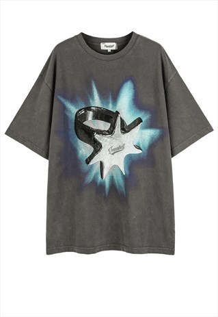 Ring print t-shirt star tee grunge raver top in grey