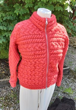 Vintage Chunky Pure Wool Coral Zip Up Knitted Cardigan