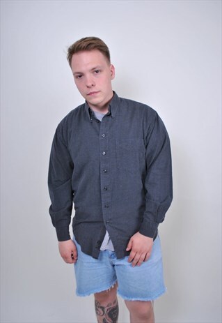 90S BLACK MINIMALIST BUTTON DOWN, LONG SLEEVE CASUAL SHIRT