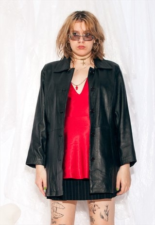 VINTAGE LEATHER JACKET 90S BOXY FIT COAT IN BLACK