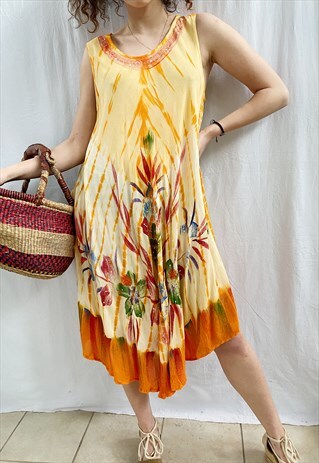 VINTAGE 90S HIPPIE TIE-DYE BOHO FLORAL MIDI FESTIVAL DRESS