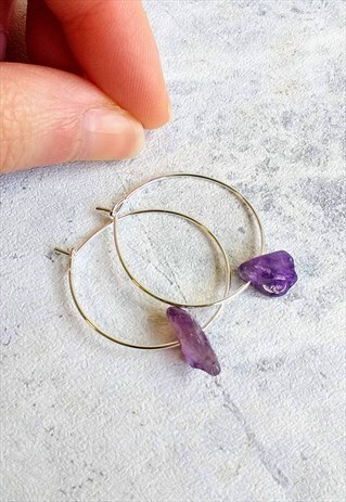 MINI AMETHYST GEM STONE HOOP EARRINGS