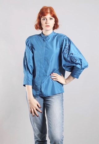 VINTAGE 80S SATIN PUFF SLEEVE EMBROIDERED BLOUSE
