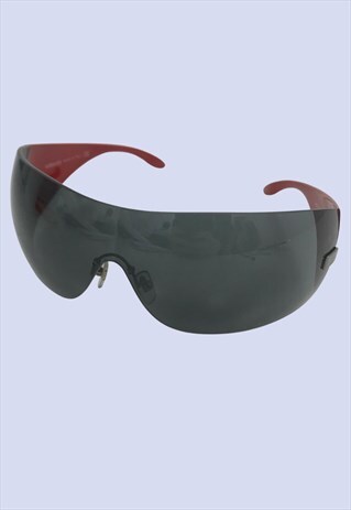 VERSACE Y2K DESIGNER BLACK WRAP AROUND RED SHIELD SUNGLASSES