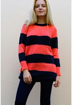 Long Sleeve Jumper in Navy Blue and Red Block Stripe