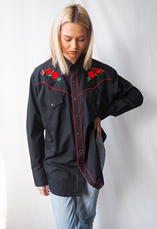 VINTAGE BLACK ROSE EMBROIDERED WESTERN SHIRT