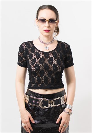 Vintage sheer crop top in black mesh blouse short sleeve