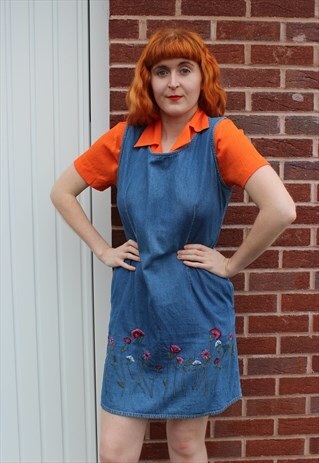 VINTAGE BLUE DENIM PINAFORE MINI DRESS FLORAL EMBROIDERY