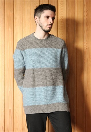 VINTAGE 1980S GREY AND BLUE STRIPED JUMPER