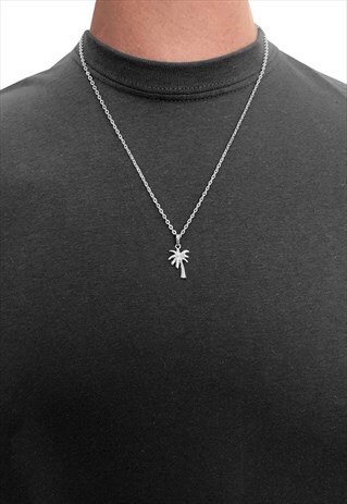 24" PALM TREE PENDANT NECKLACE CHAIN - SILVER