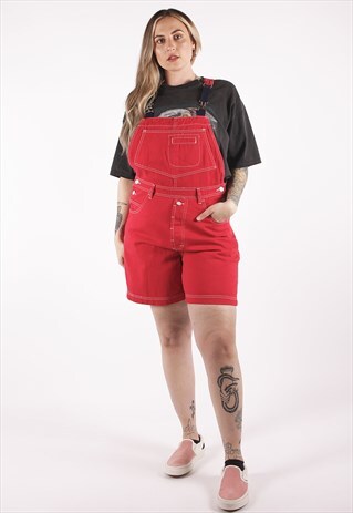 VINTAGE 90S RED DENIM OVERALL SHORT DUNGAREES /NN2042