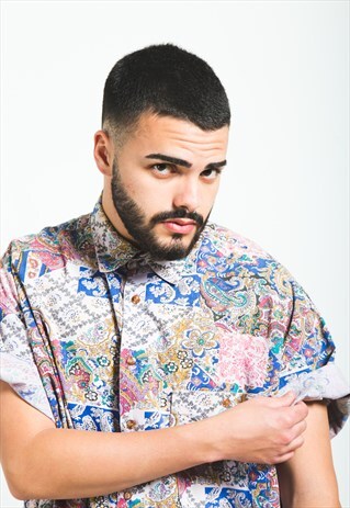 VINTAGE 80S CRAZY PATTERN FESTIVAL SHORT SLEEVE SHIRT /S5875