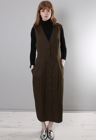 VINTAGE 80S BROWN BUTTON SLEEVELESS PINAFORE DRESS