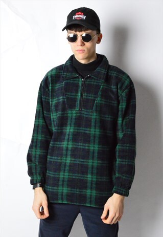 VINTAGE 90S GREEN CHECK 1/3 ZIPPER FLEECE JUMPER