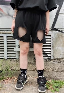 Heart cutout shorts handmade transparent mesh joggers black