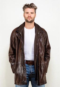 Vintage 90's Men Leather Coat in Brown