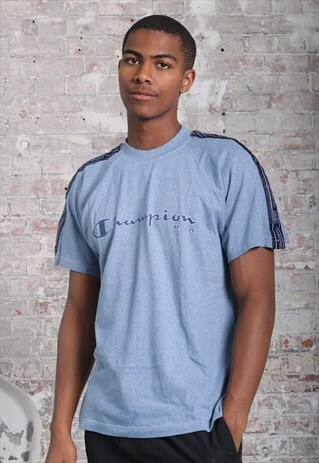 VINTAGE CHAMPION TAPE LOGO SPELLOUT T-SHIRT BLUE