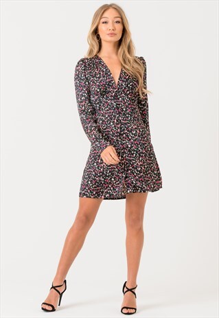V NECK BUTTON DOWN MINI DRESS IN DARK ANIMAL PRINT
