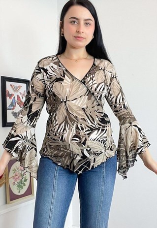 2000S TROPICAL LEAF PATTERN BLOUSE