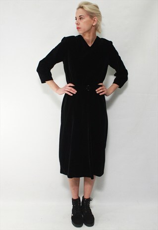 VINTAGE 90' BEAUTIFUL BLACK MIDI VELOUR DRESS WITH BELT