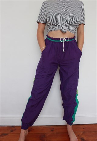 VINTAGE 90S PURPLE PATTERN JOGGERS SHELL TRACKSUIT BOTTOMS M