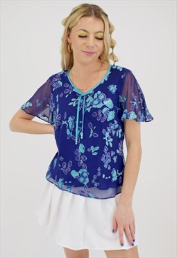 Vintage 90's Jaques Vert Top in Blue Floral Chiffon