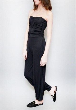 VINTAGE 1980'S BLACK STRAPLESS HAREM JUMPSUIT