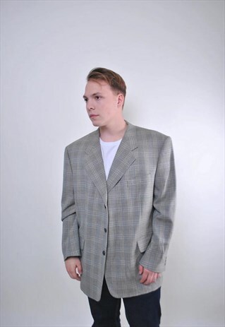 Grey plaid man suit classic vintage blazer, Size XL