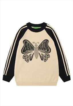 Butterfly sweater knitted raglan jumper striped top in black